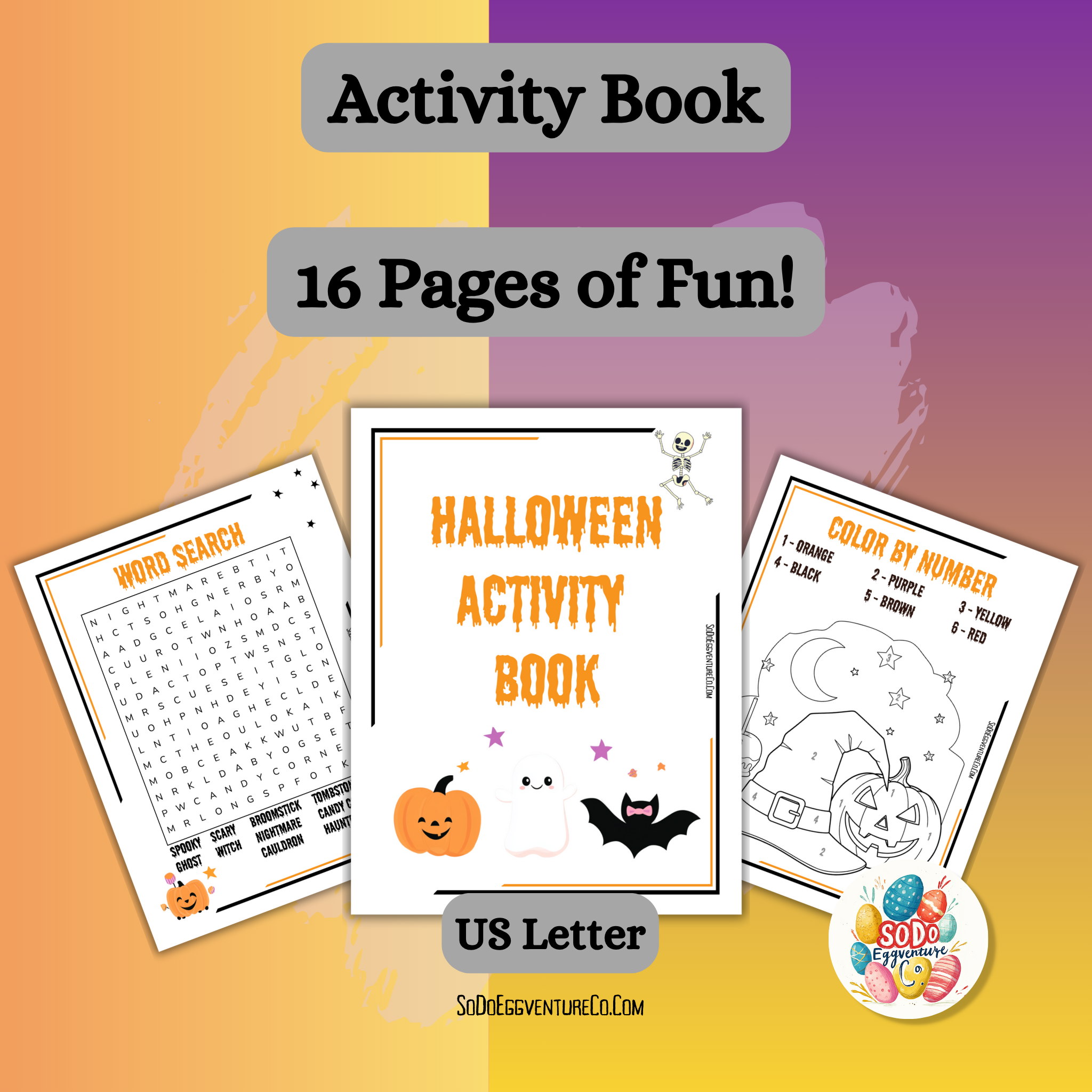🕸️ Halloween Activity Book – 16 Fun Printable Pages for Kids + 8 Bonus Solutions 🎃