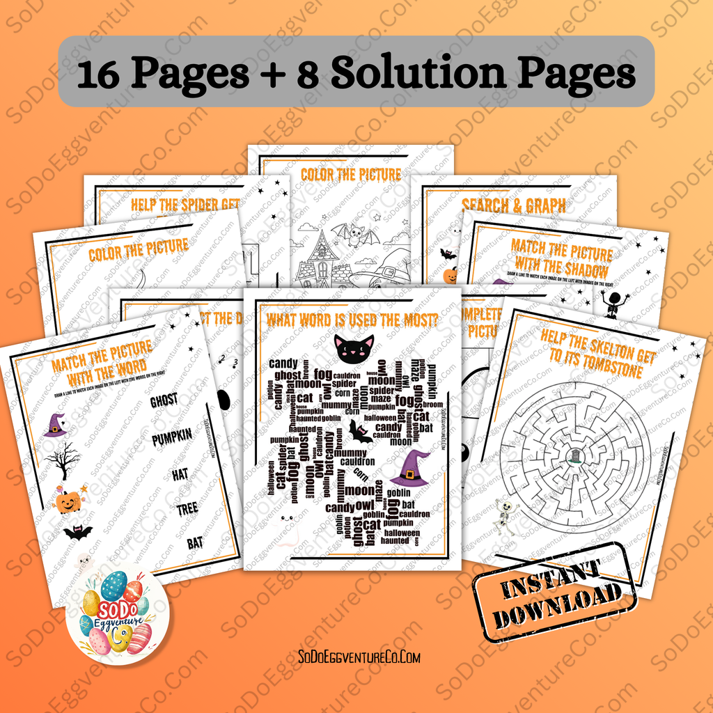 🕸️ Halloween Activity Book – 16 Fun Printable Pages for Kids + 8 Bonus Solutions 🎃