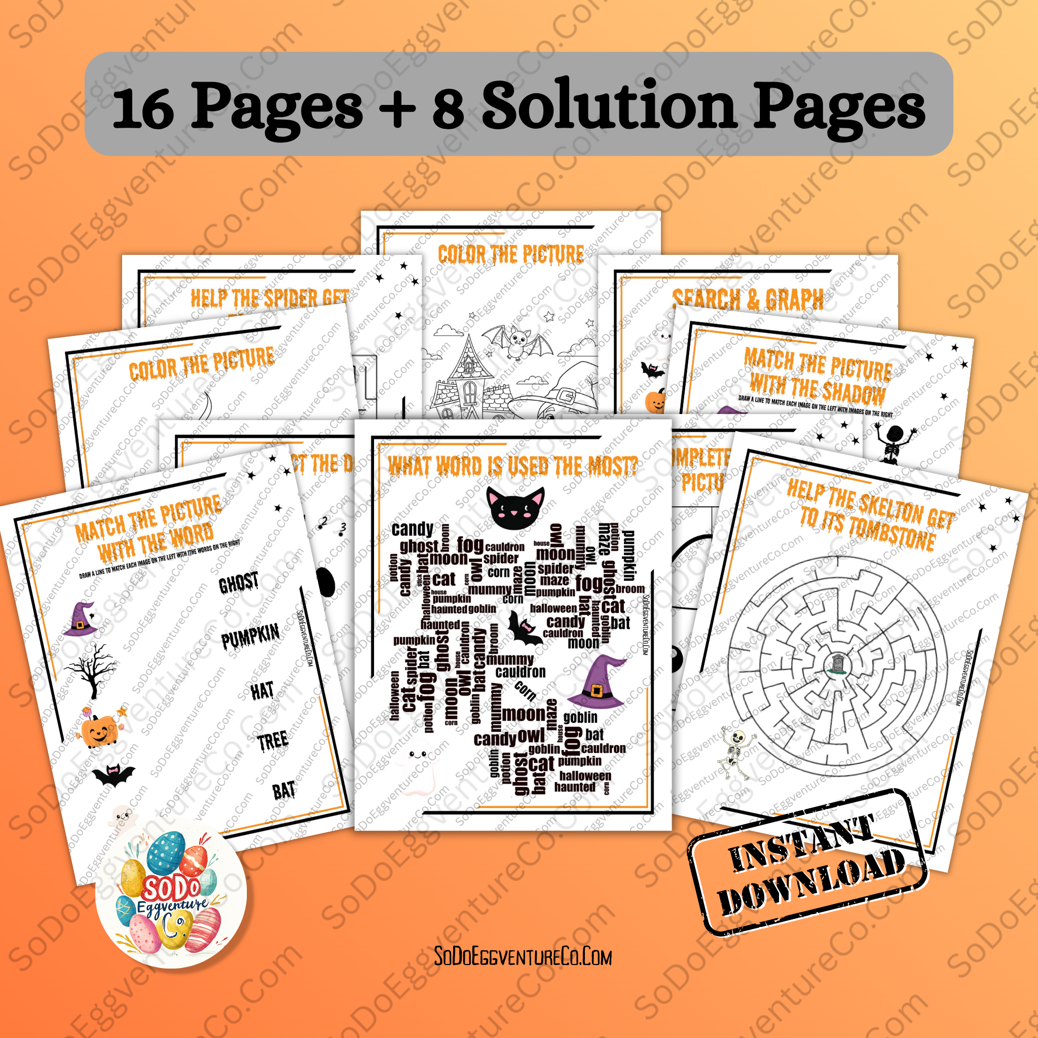 🕸️ Halloween Activity Book – 16 Fun Printable Pages for Kids + 8 Bonus Solutions 🎃