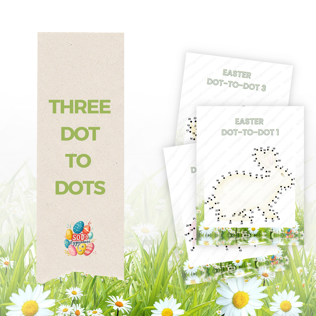 Set of three Easter-themed dot-to-dot printable worksheets for kids, fun and educational