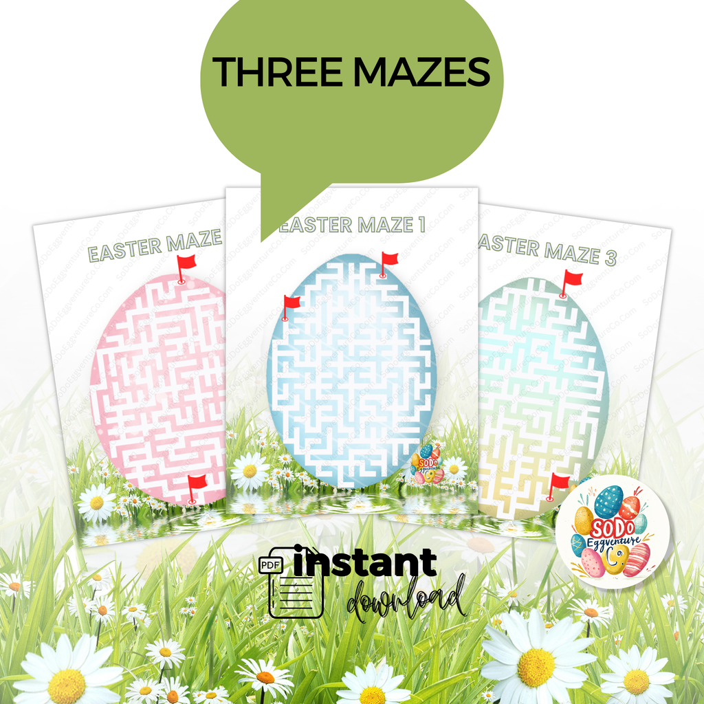 Easter-themed printable maze and puzzle worksheets for kids, screen-free holiday activity