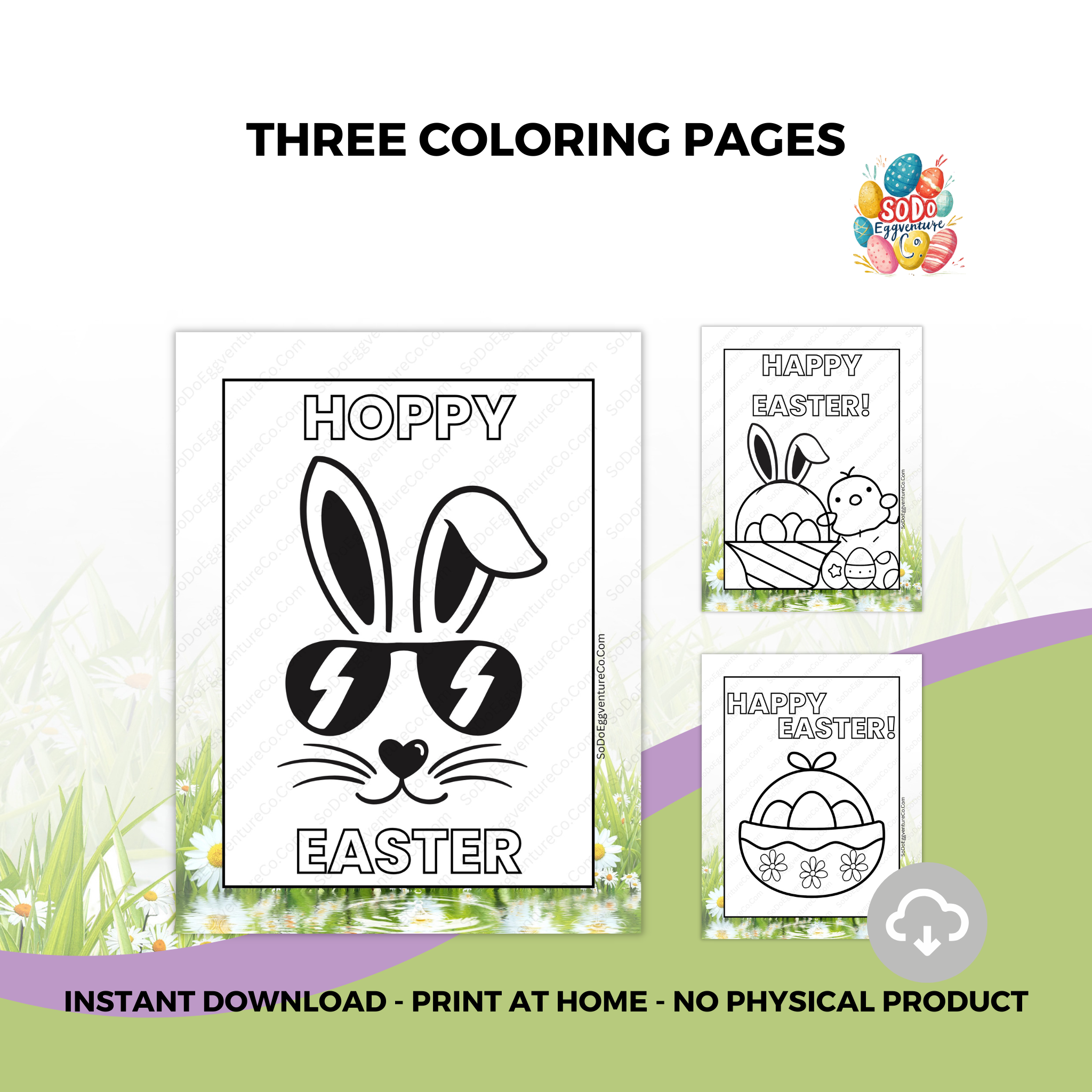 Adorable Easter coloring page with bunnies and spring flowers, printable for kids