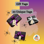 Gift tags with black boxes and ribbons on a colorful background with spider illustrations.