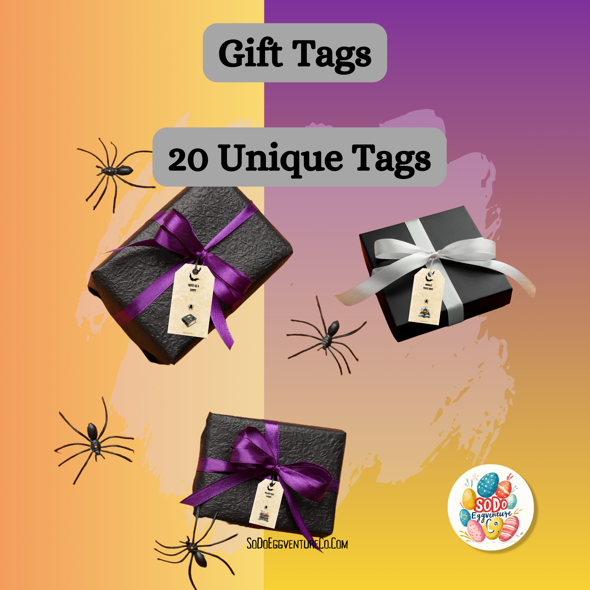 Gift tags with black boxes and ribbons on a colorful background with spider illustrations.