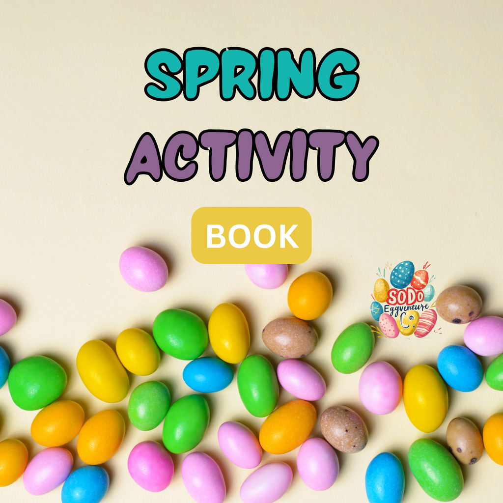 Spring Activity Book text over pastel candy eggs, fun and festive printable for Easter and springtime learning