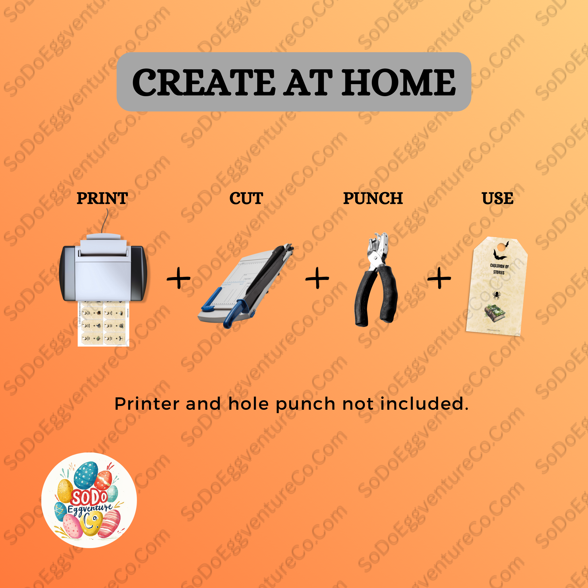 Orange background with text 'Create at Home' and icons for printer, cutter, pliers, and paper bag.