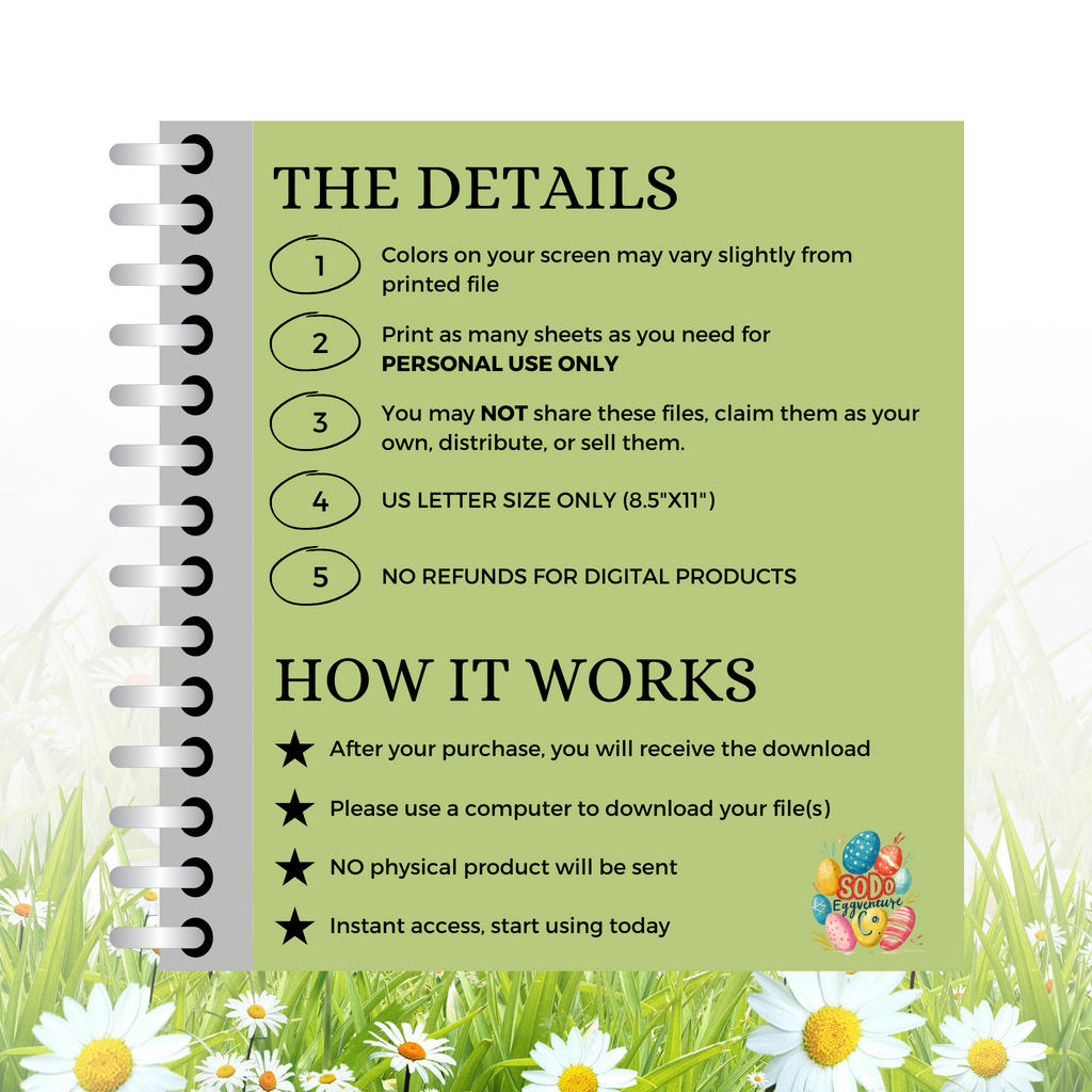 Easter Activity Pack product details and usage instructions including file size, download info, and personal use terms