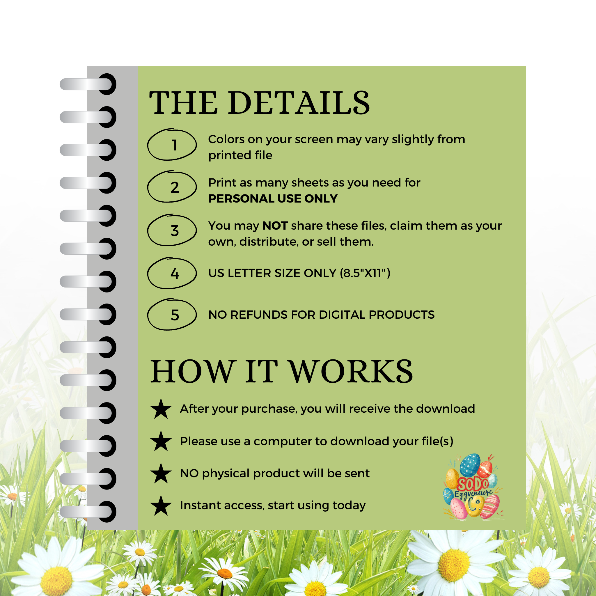 Easter Activity Pack product details and usage instructions including file size, download info, and personal use terms