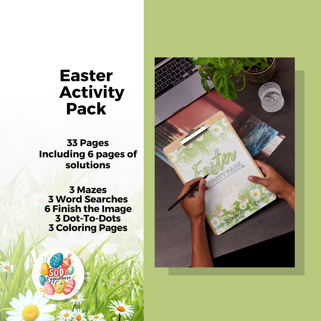 Printable Easter Activity Pack cover page with colorful spring illustrations and Easter-themed title for kids