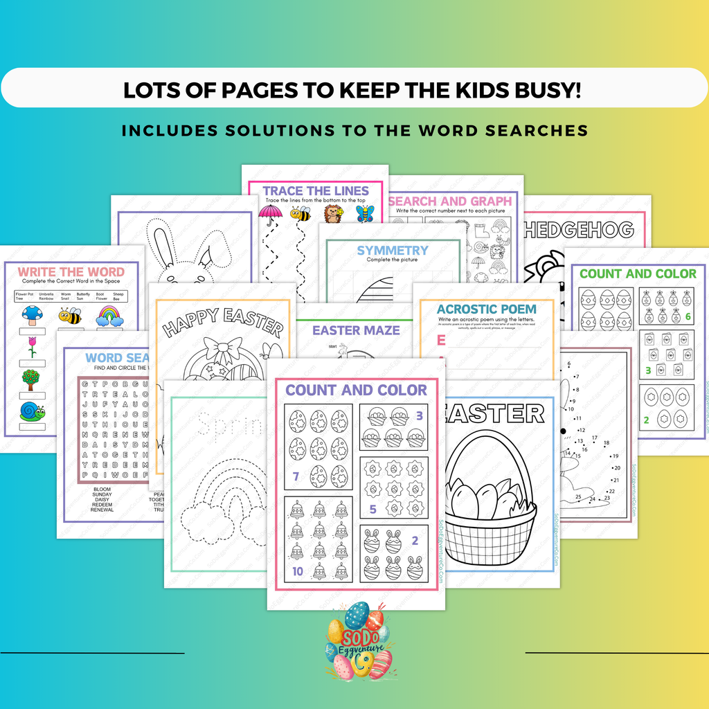 Preview of printable Spring Activity Book pages for kids featuring word searches, coloring, mazes, and educational worksheets