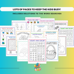 Preview of printable Spring Activity Book pages for kids featuring word searches, coloring, mazes, and educational worksheets
