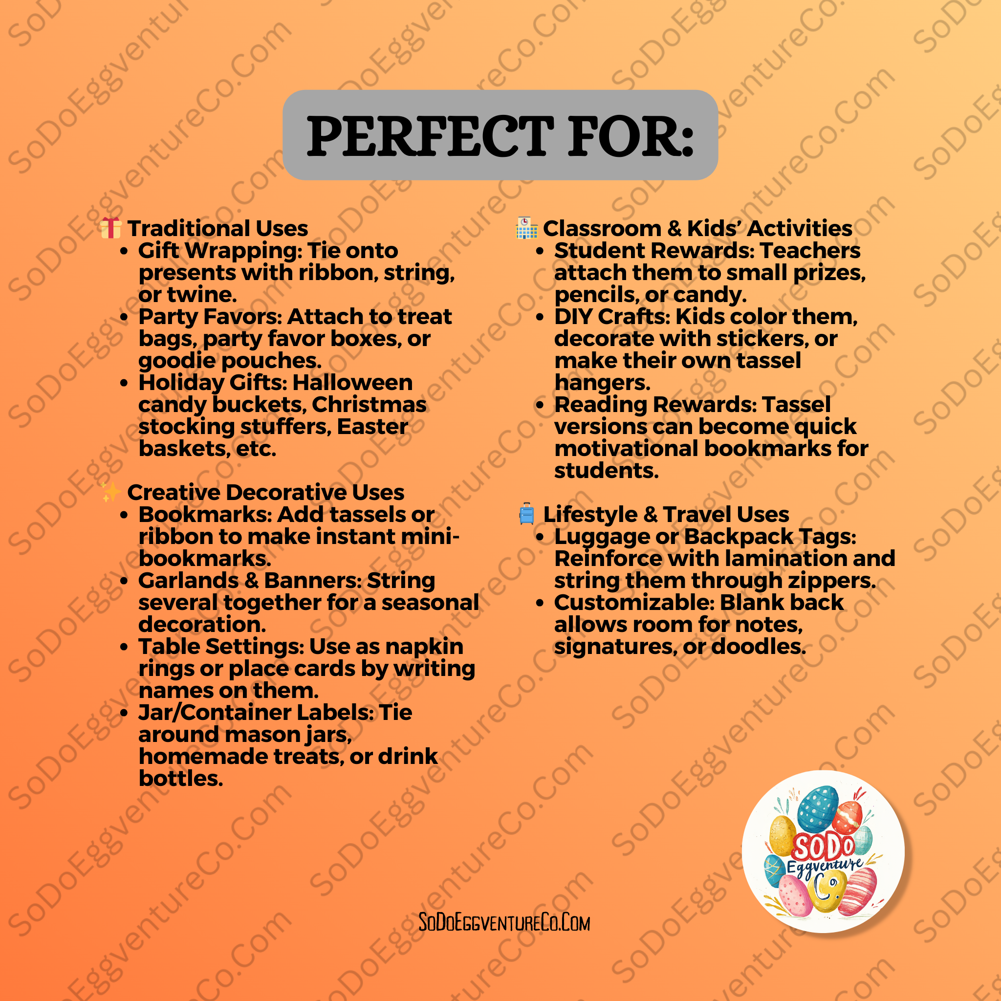 Orange background with text listing uses for tassels, including gift wrapping, classroom activities, and decorative uses.