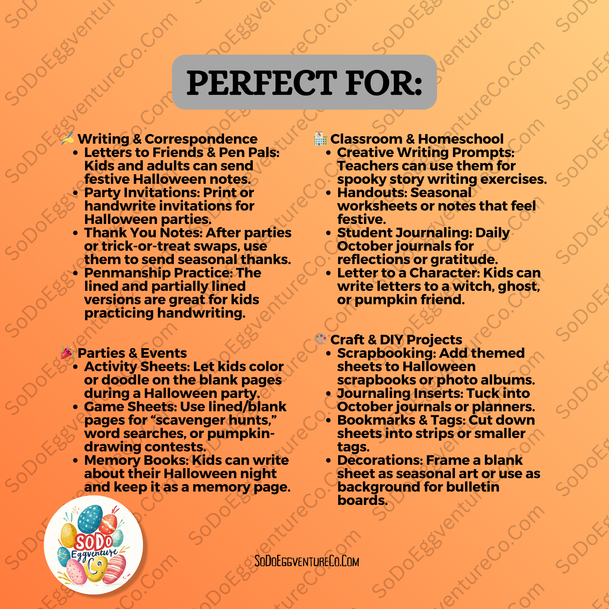 Orange background with text listing uses for Halloween-themed paper products, featuring the SoDo Eggventure Co. brand. 