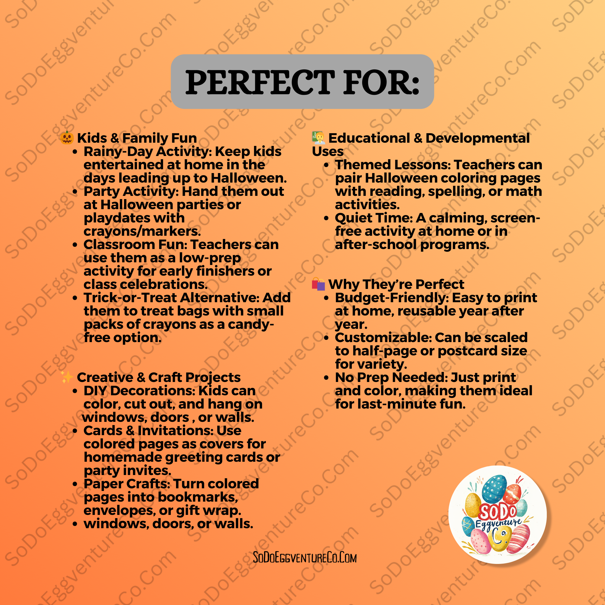 Orange background with text listing uses for colored pages, featuring 'SoDoEggventureCo' branding.
