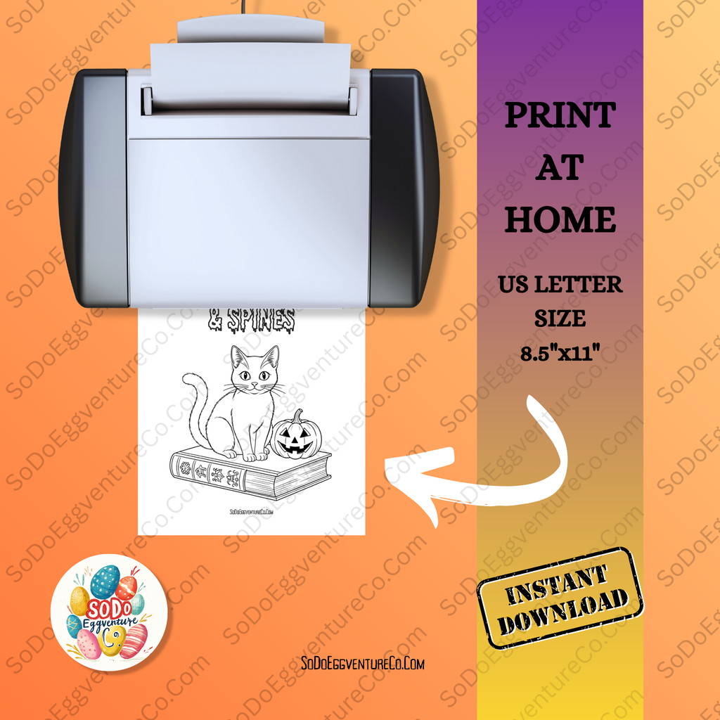 Printer with a coloring page of a cat and pumpkin, on an orange background with text about print at home options.