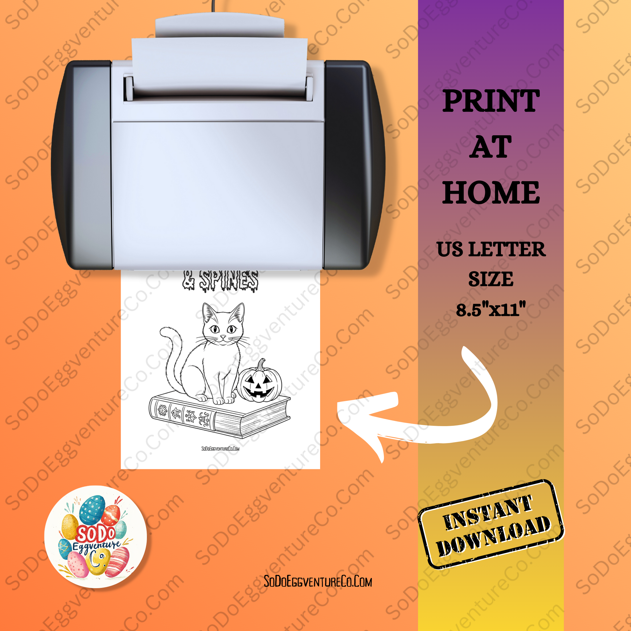 Printer with a coloring page of a cat and pumpkin, on an orange background with text about print at home options.