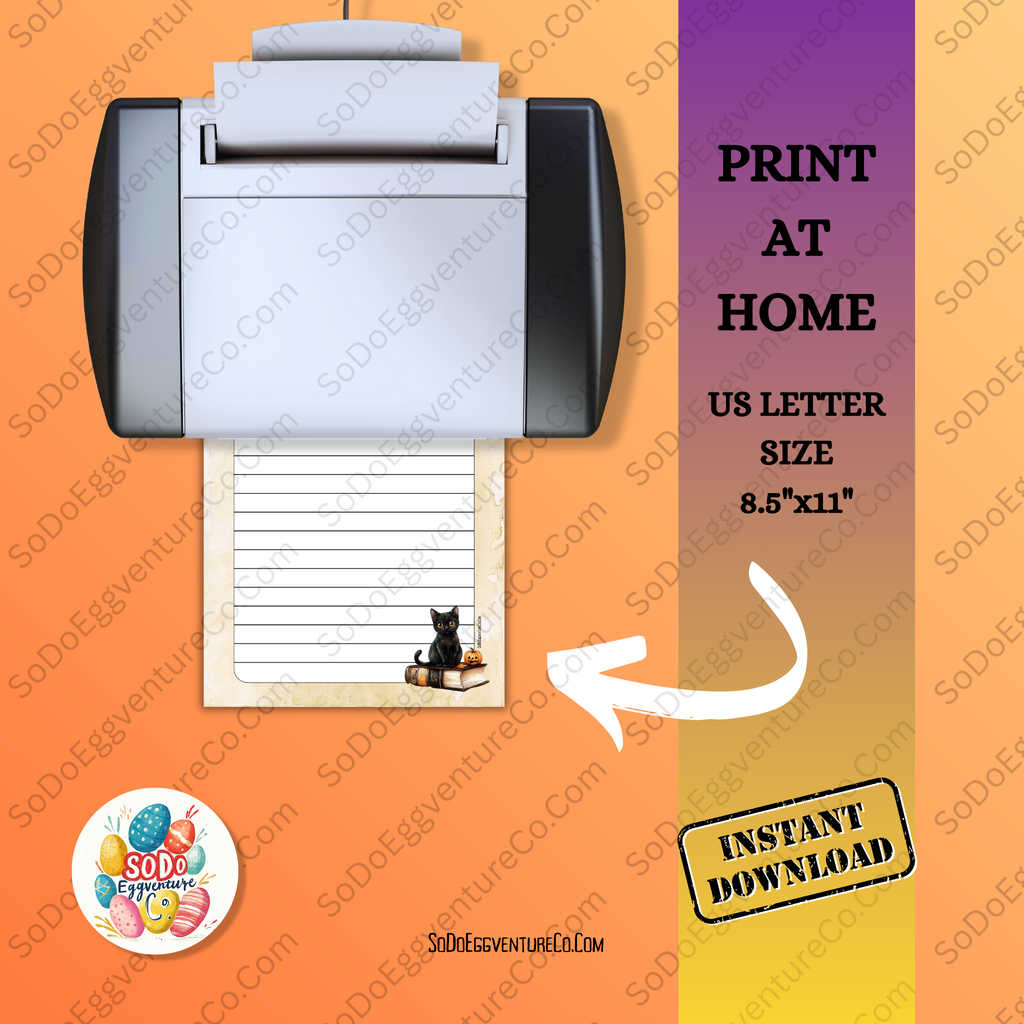 image shows a printer with a lined page with a black cat in the bottom right corner. Words "Print At Home" and "US Letter Size 8.5"x11" as well as "Instant Download" are on the page