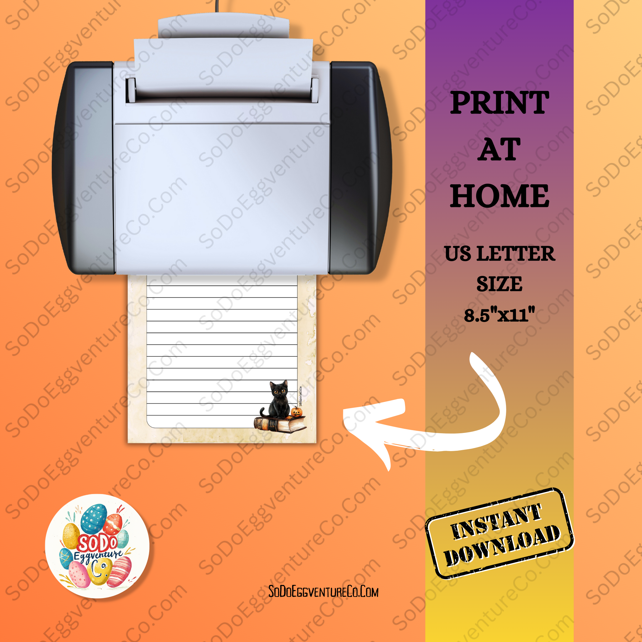 image shows a printer with a lined page with a black cat in the bottom right corner. Words "Print At Home" and "US Letter Size 8.5"x11" as well as "Instant Download" are on the page