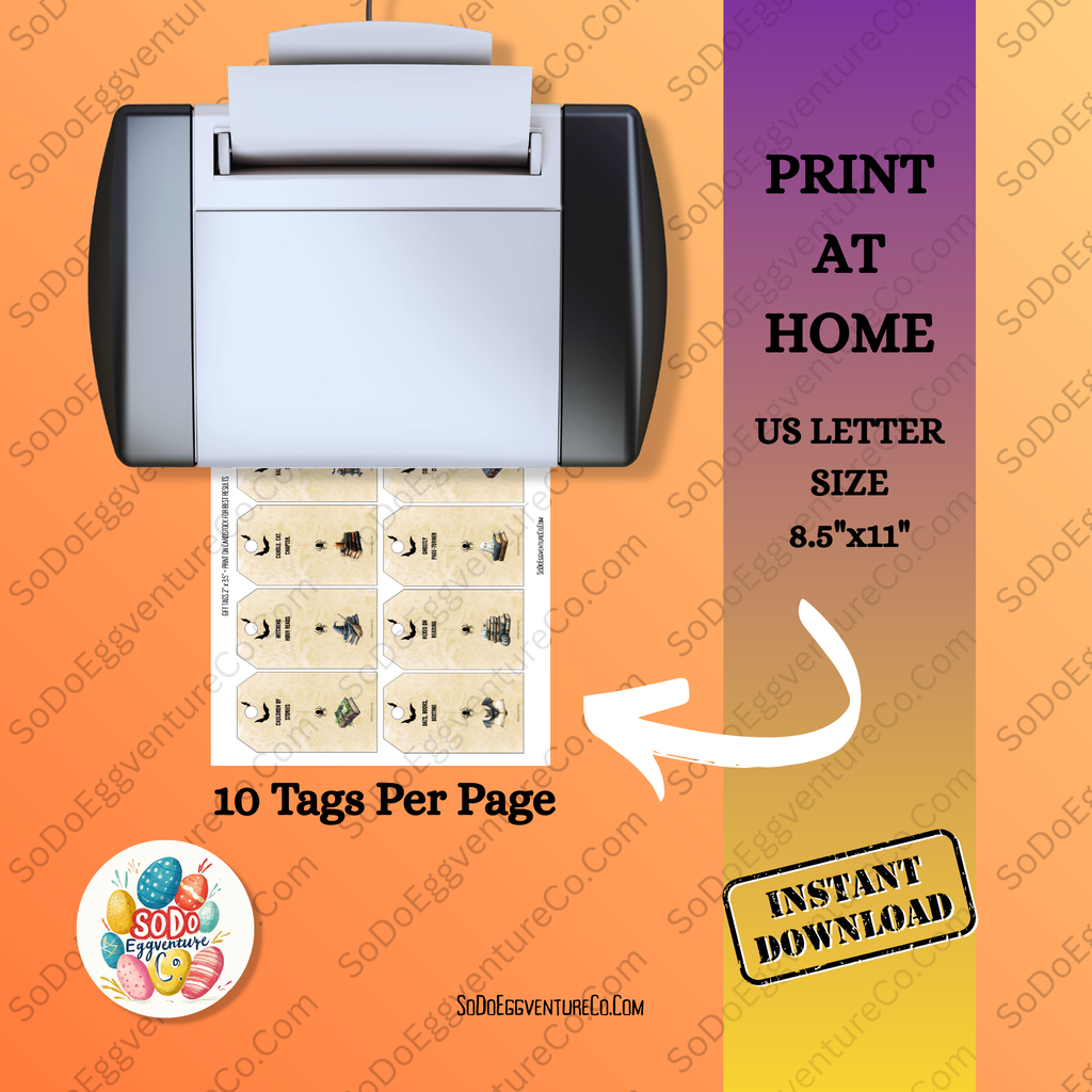 Label printer with printed labels on an orange background, featuring text about print size and quantity.