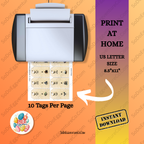 Label printer with printed labels on an orange background, featuring text about print size and quantity.