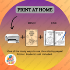 Promotional graphic for coloring pages with a printer, binder, and example pages on a colorful background.