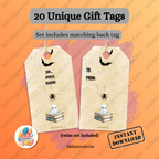 Halloween-themed gift tags with ghost and spider designs on an orange background.