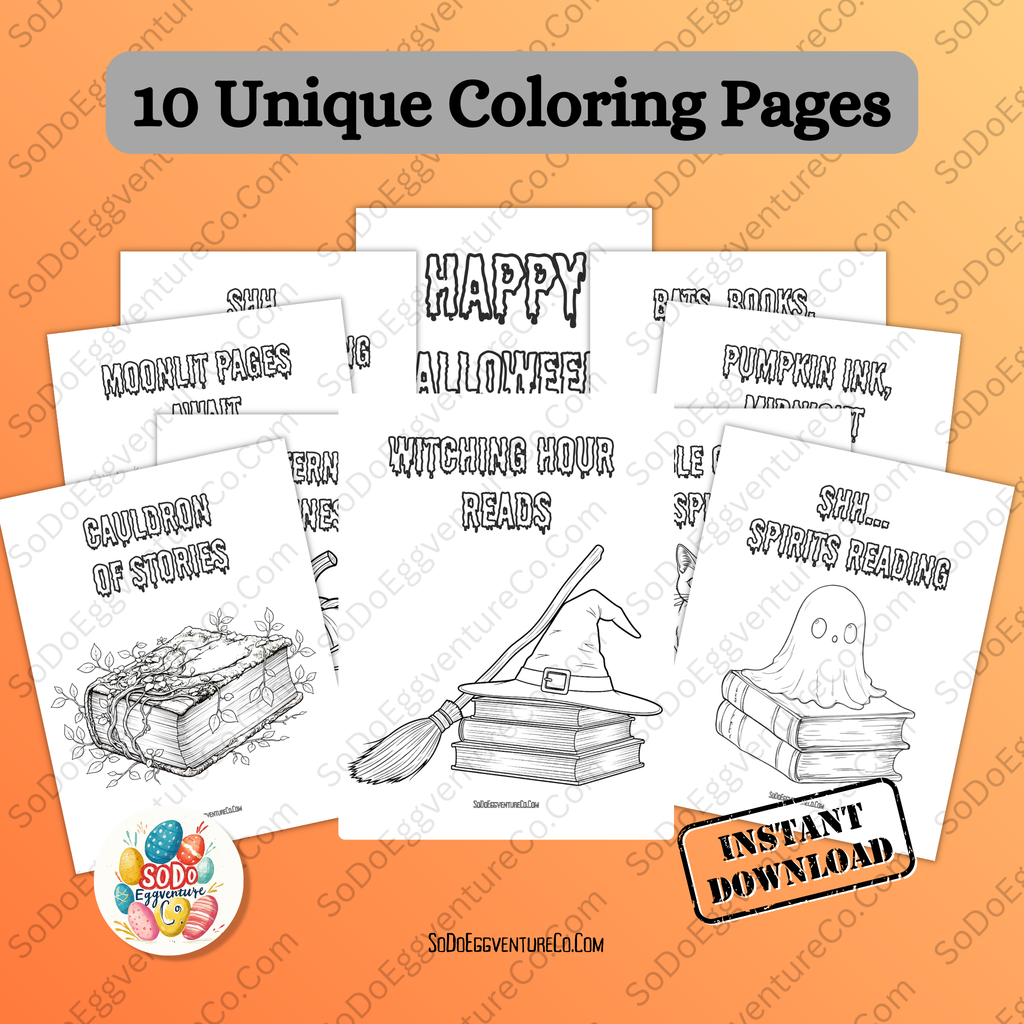 Halloween-themed coloring pages with text on an orange background