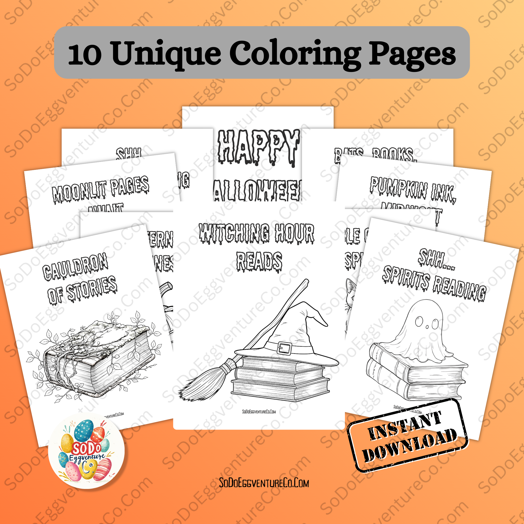 Halloween-themed coloring pages with text on an orange background