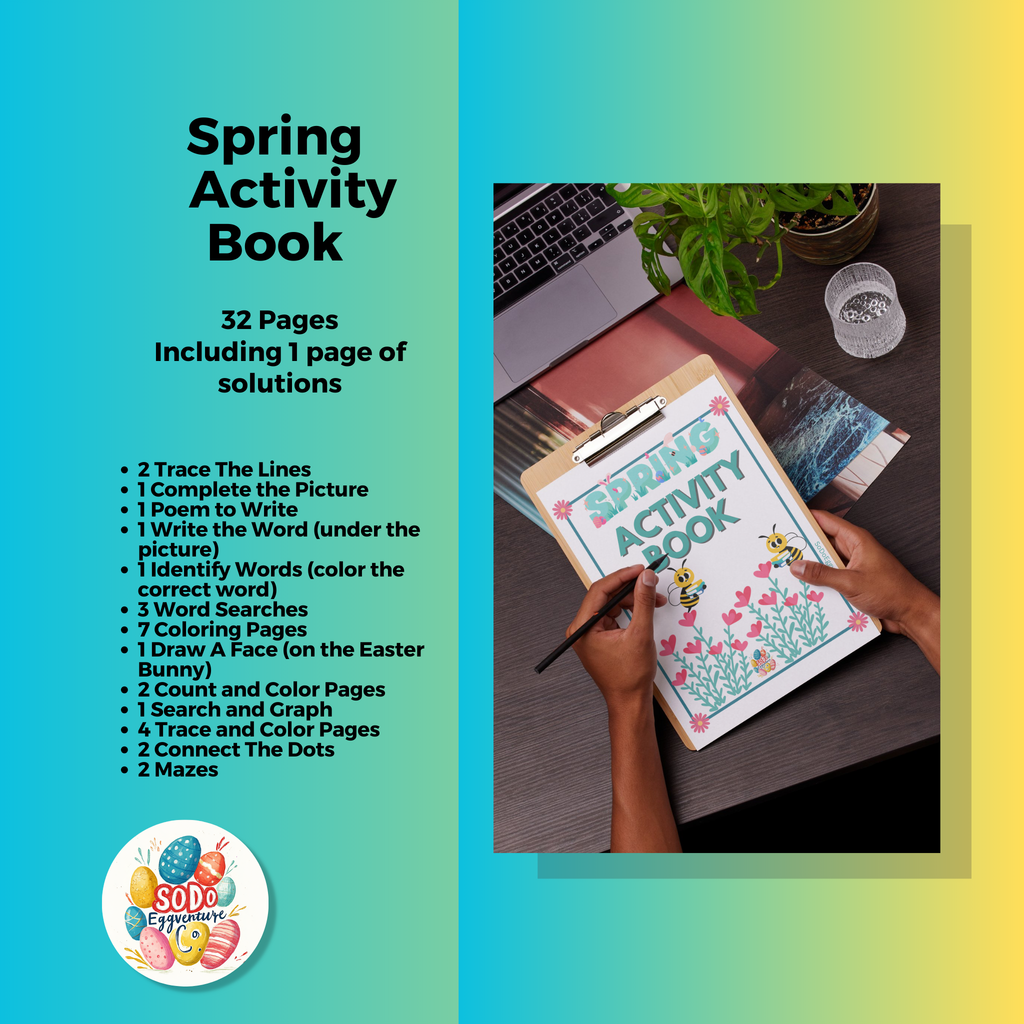 Hands holding clipboard with printable Spring Activity Book cover, educational worksheet list for kids activities