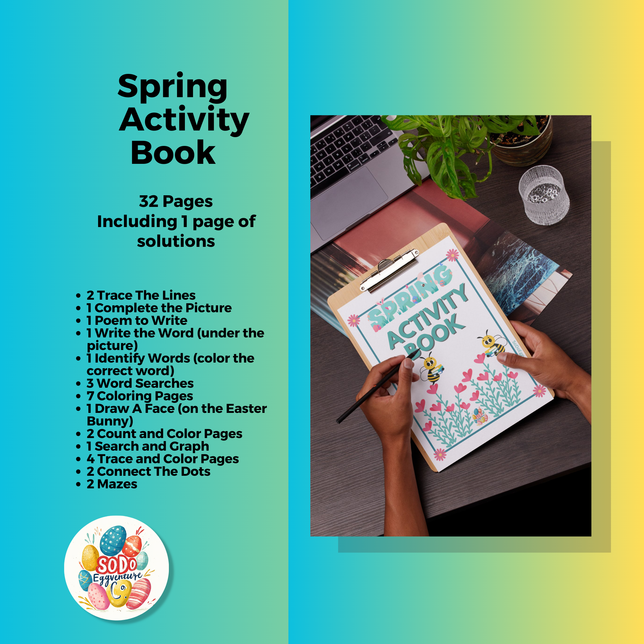 Hands holding clipboard with printable Spring Activity Book cover, educational worksheet list for kids activities