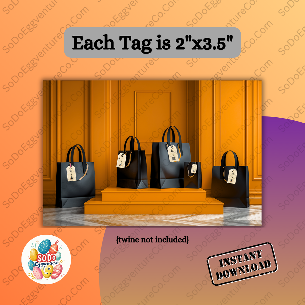 Black handbags displayed on a wooden stand with tags, against an orange wall.