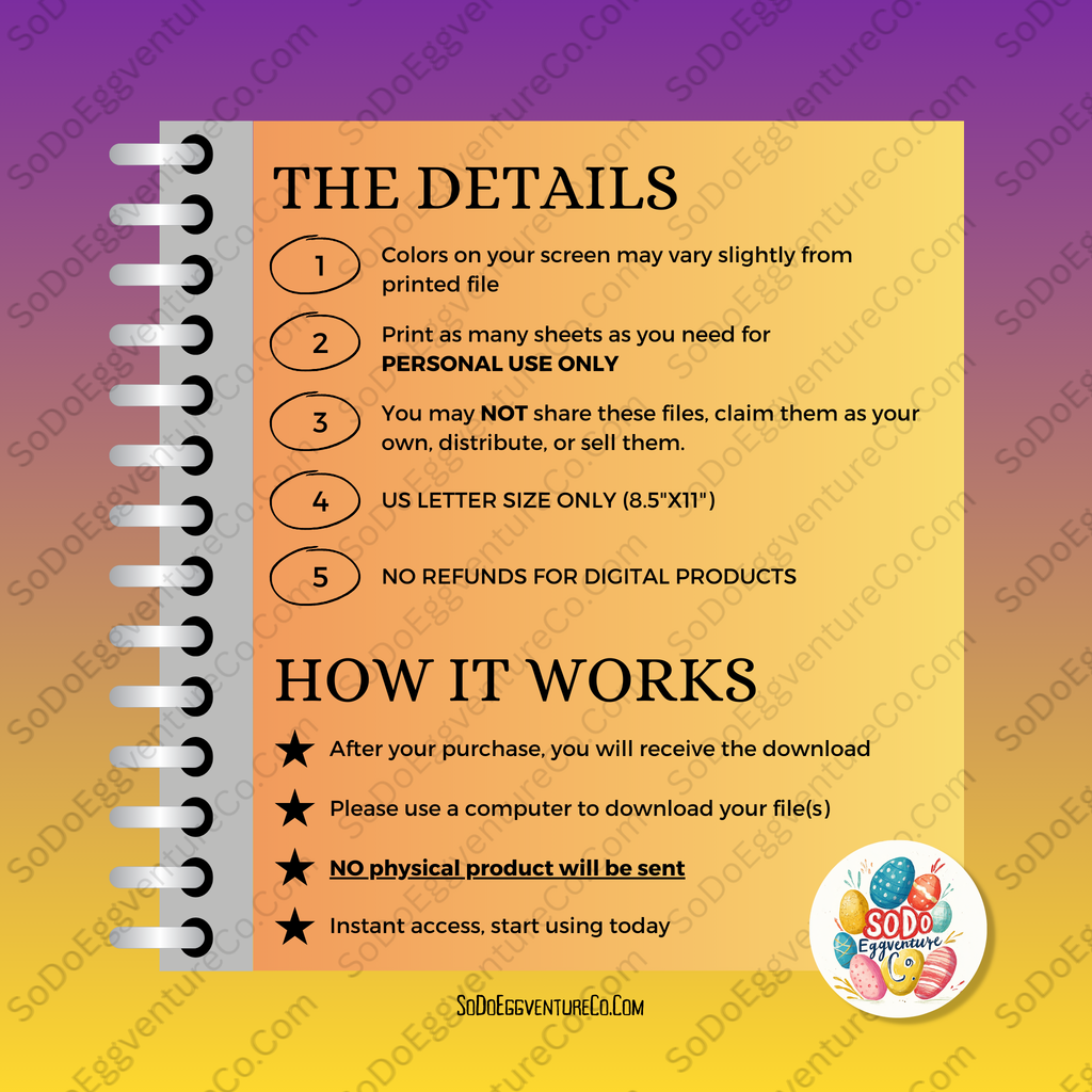 Purple/orange background with text explaining how it works after purchase and details like colors on you screen may vary slightly from printed file. 