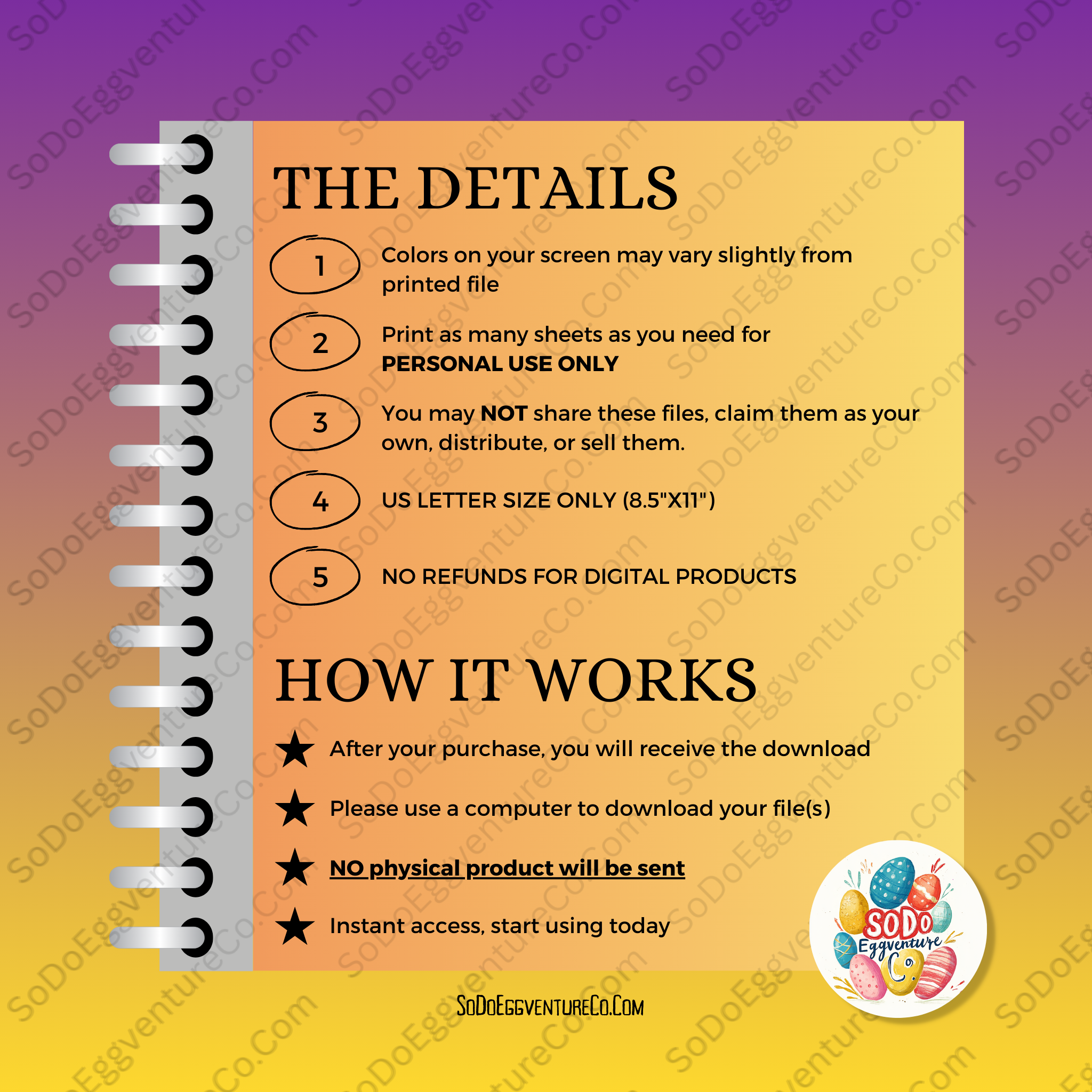 Purple/orange background with text explaining how it works after purchase and details like colors on you screen may vary slightly from printed file. 